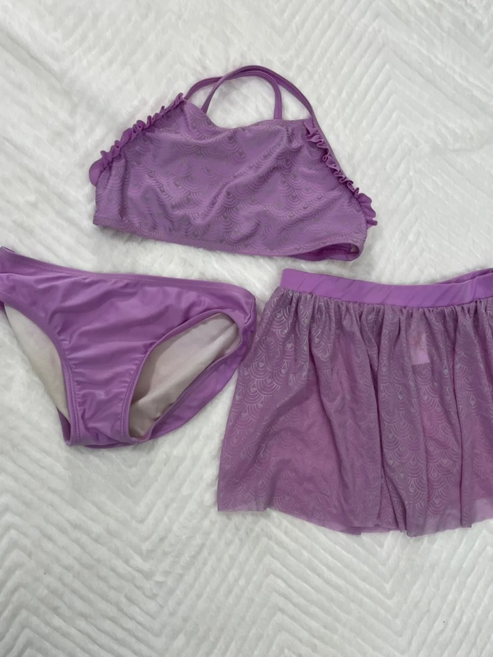 Lilac Girls 3-Piece Swim Set Purple Bikini Top Bottom Skirt medium cat & Jack